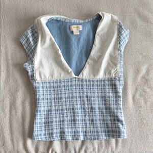 Maeve Anthropologie Blue and White Plaid Sailor-Collar Tank Short Sleeve V-Neck